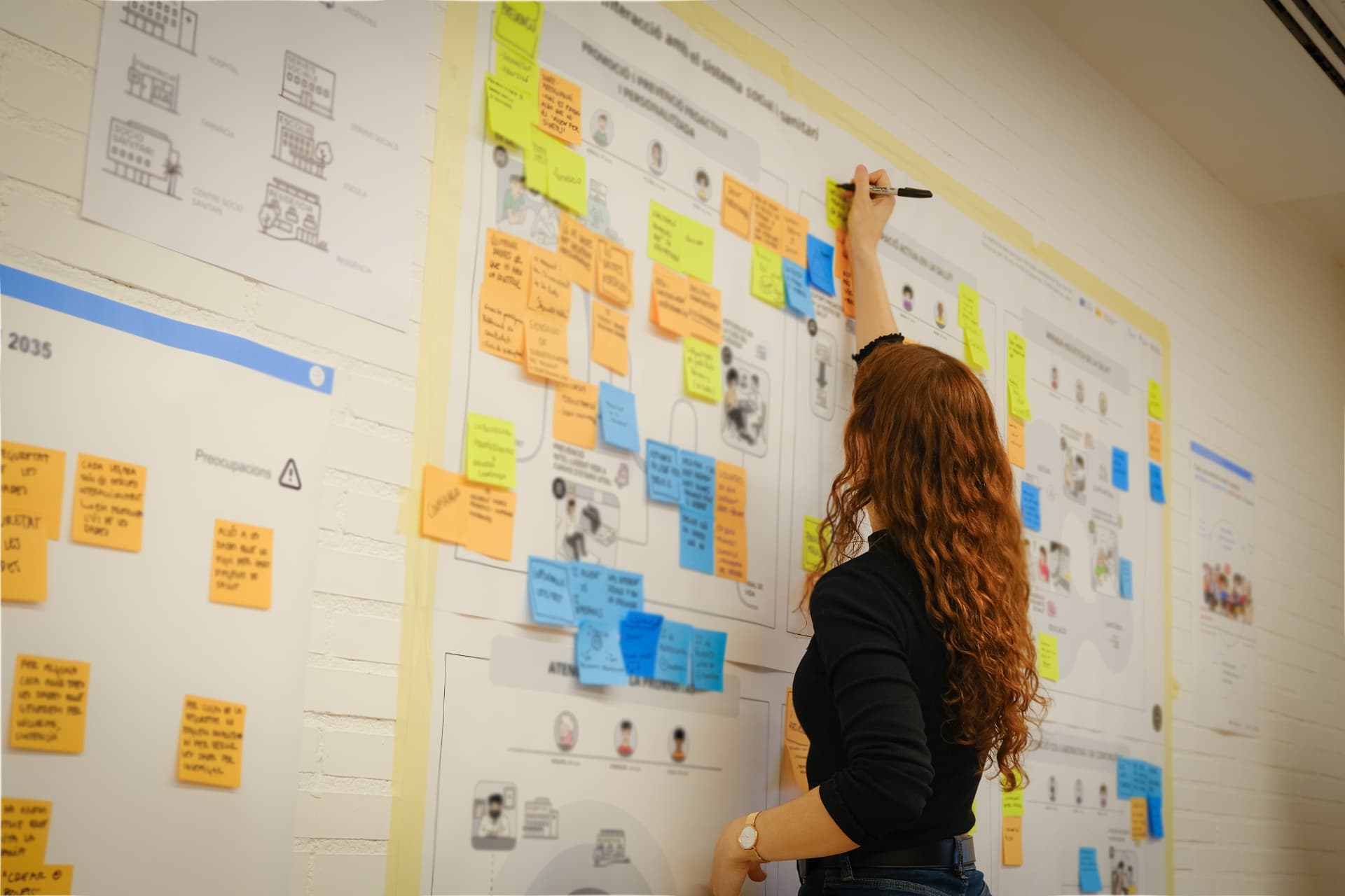 Facilitadora trabajando en un journey map con post-its en una pared